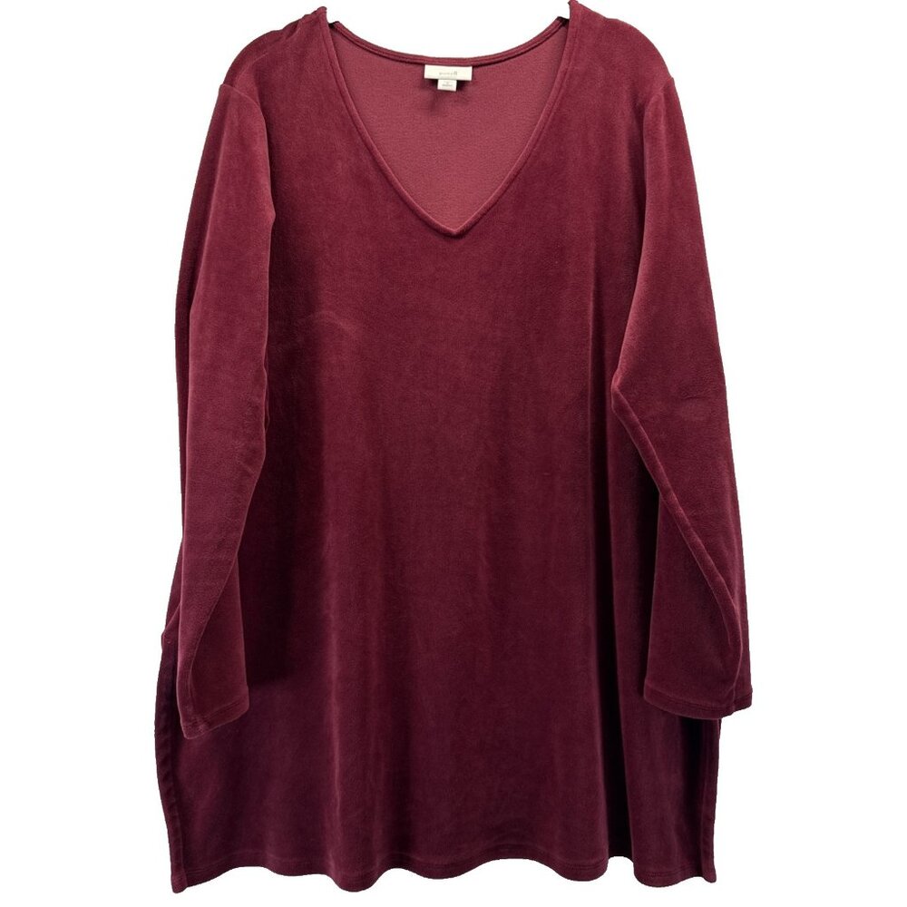 J Jill PureJill Women's Top 1X Solid Dark Red Velvet V Neck Tunic Long Sleeve